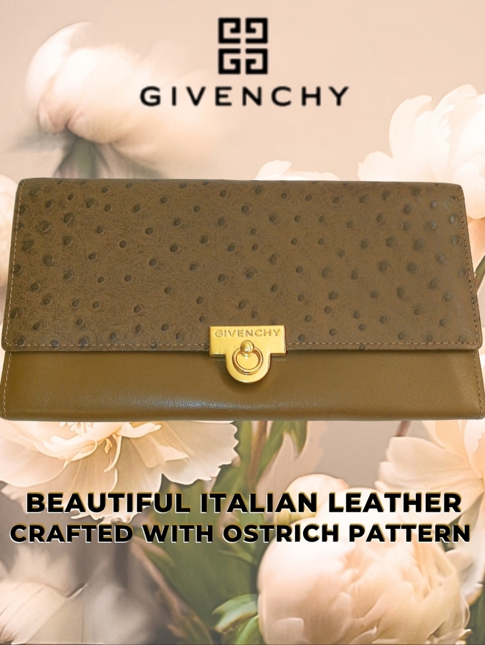 Givenchy Leather Ostrich 2 Tone Camel + Gold Click Lock Bifold Flap Long Wallet